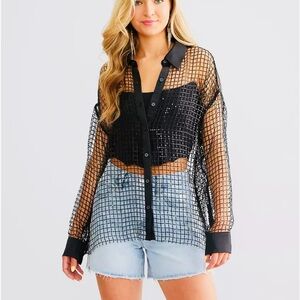Sheer Black Button-Down Mesh Shirt